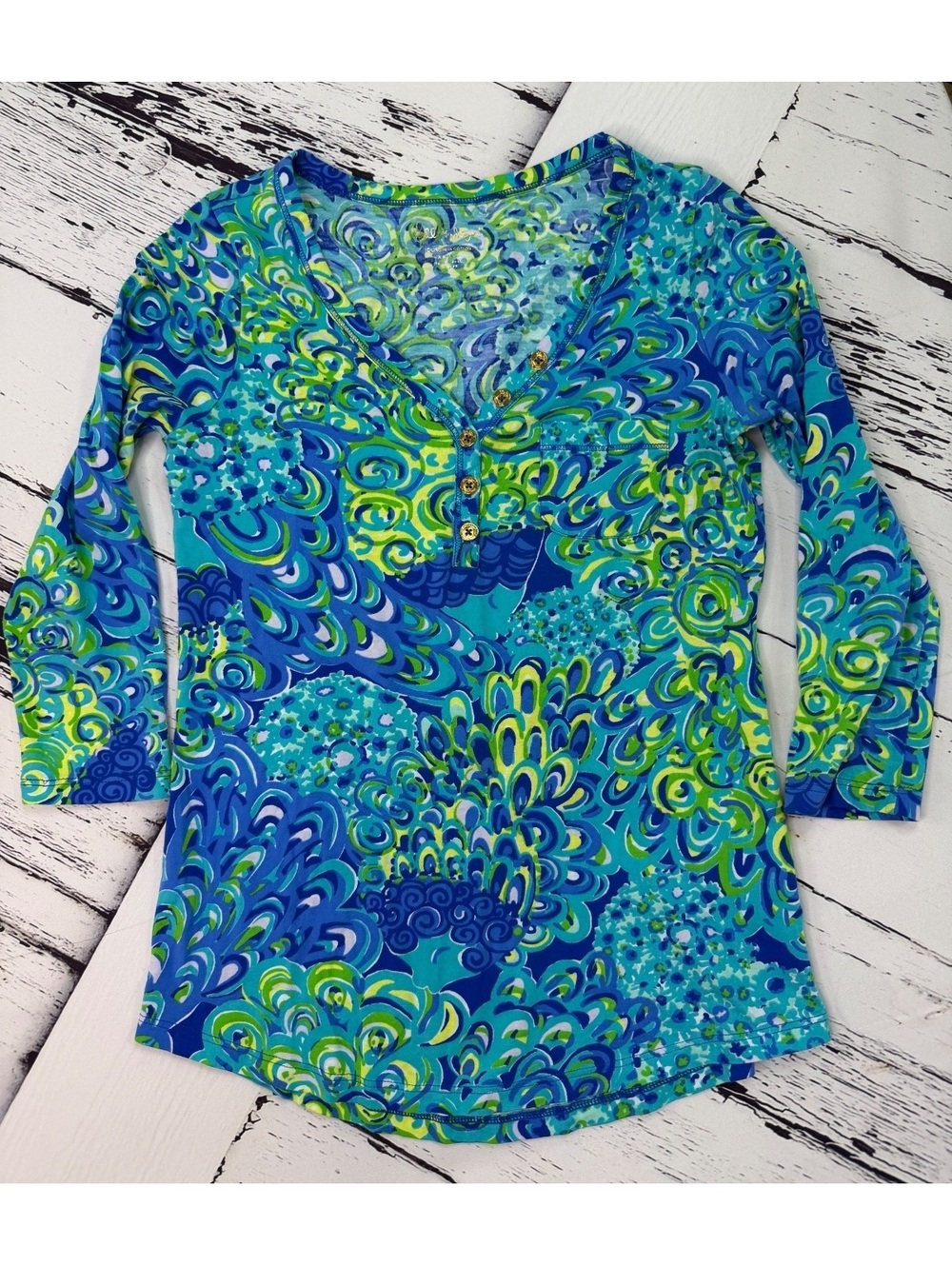 Lilly Pulitzer Palmetto Top Lilly's Lagoon Blue Green Henely 3/4 Sleeve Women XS